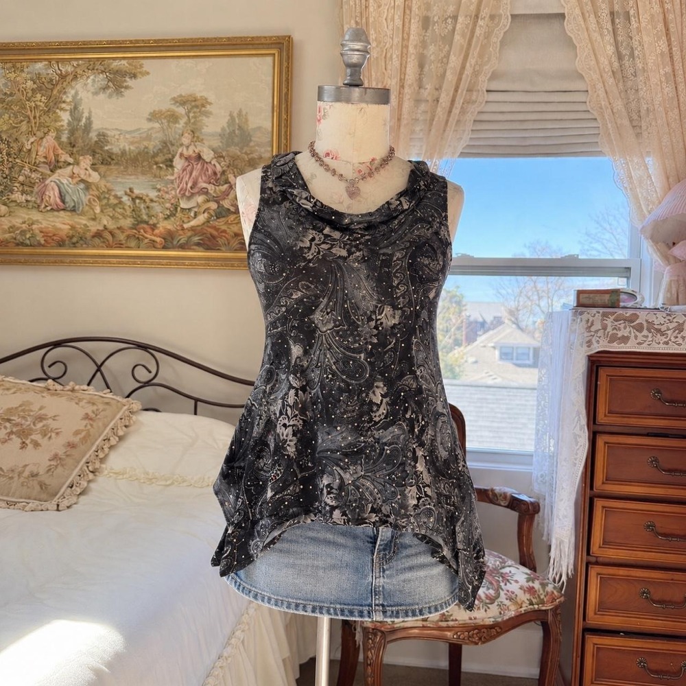 Black fairy Tank Y2K Brittany Black black gray paisley rhinestone tank